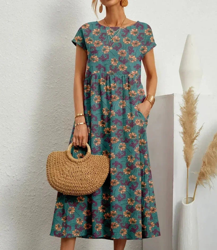 Damska Sukienka Boho z Nadrukiem i Kieszeniami | Midi