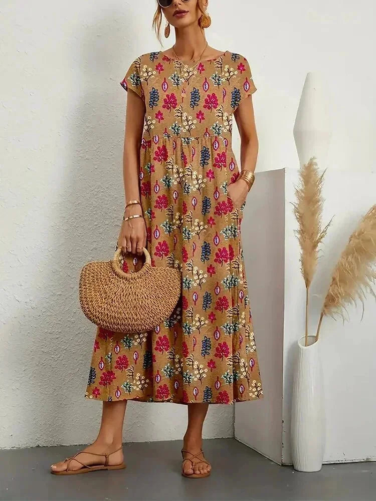 Damska Sukienka Boho z Nadrukiem i Kieszeniami | Midi