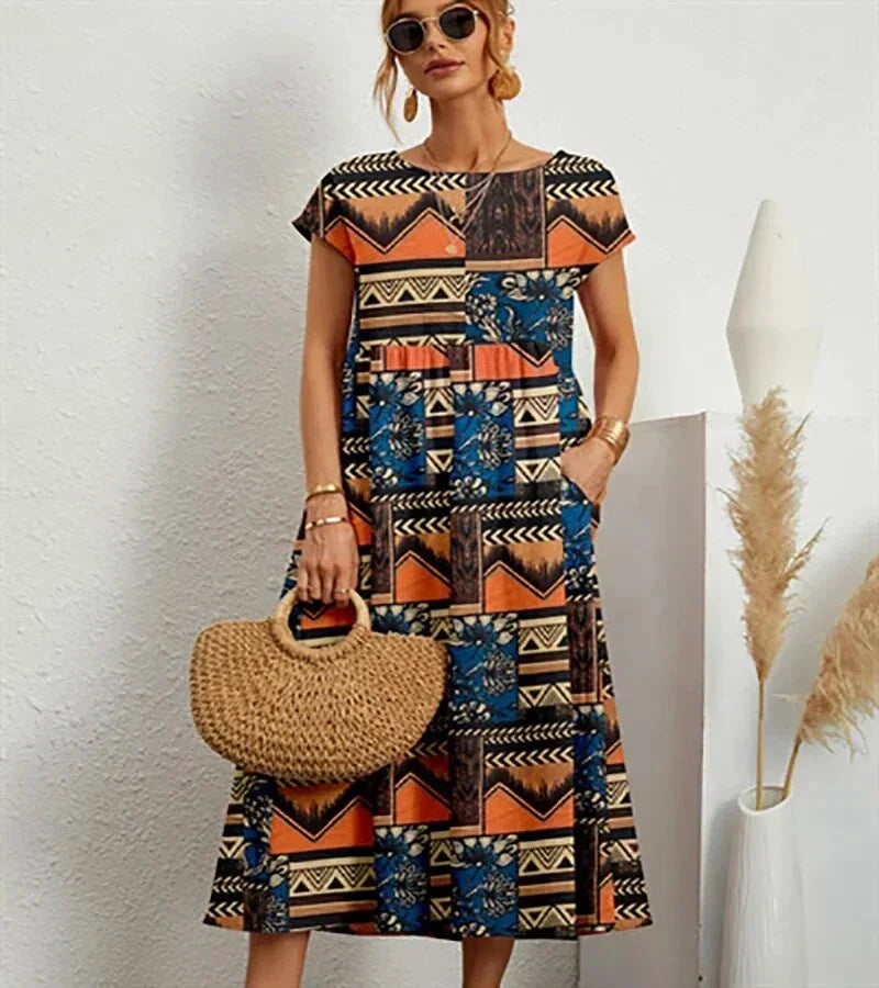 Damska Sukienka Boho z Nadrukiem i Kieszeniami | Midi