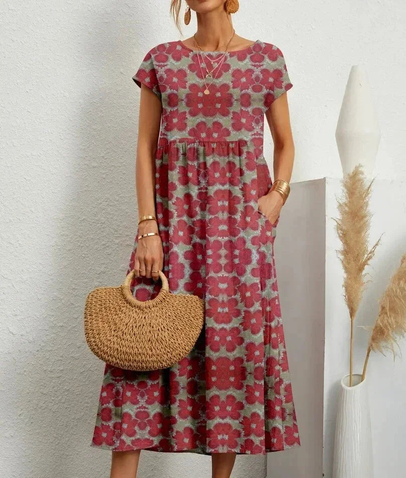 Damska Sukienka Boho z Nadrukiem i Kieszeniami | Midi