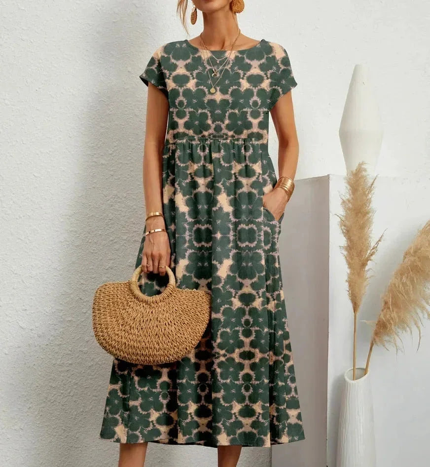 Damska Sukienka Boho z Nadrukiem i Kieszeniami | Midi