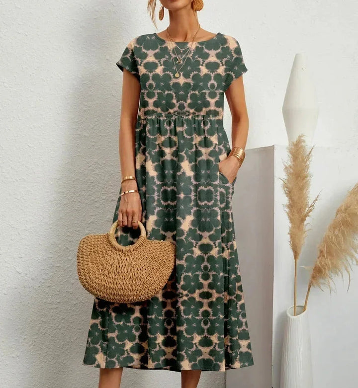Damska Sukienka Boho z Nadrukiem i Kieszeniami | Midi