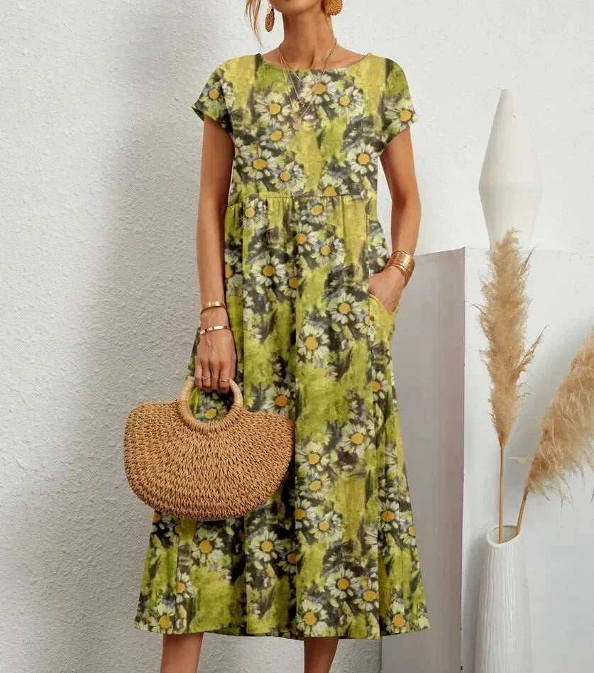 Damska Sukienka Boho z Nadrukiem i Kieszeniami | Midi