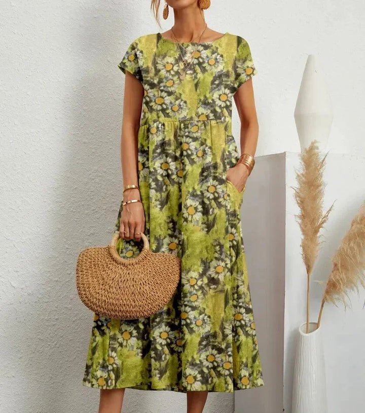 Damska Sukienka Boho z Nadrukiem i Kieszeniami | Midi