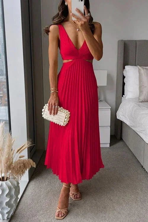 Damska Elegancka Plisowana Sukienka z Wycięciami | Midi