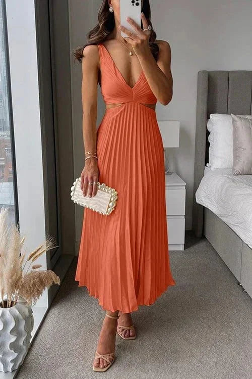Damska Elegancka Plisowana Sukienka z Wycięciami | Midi